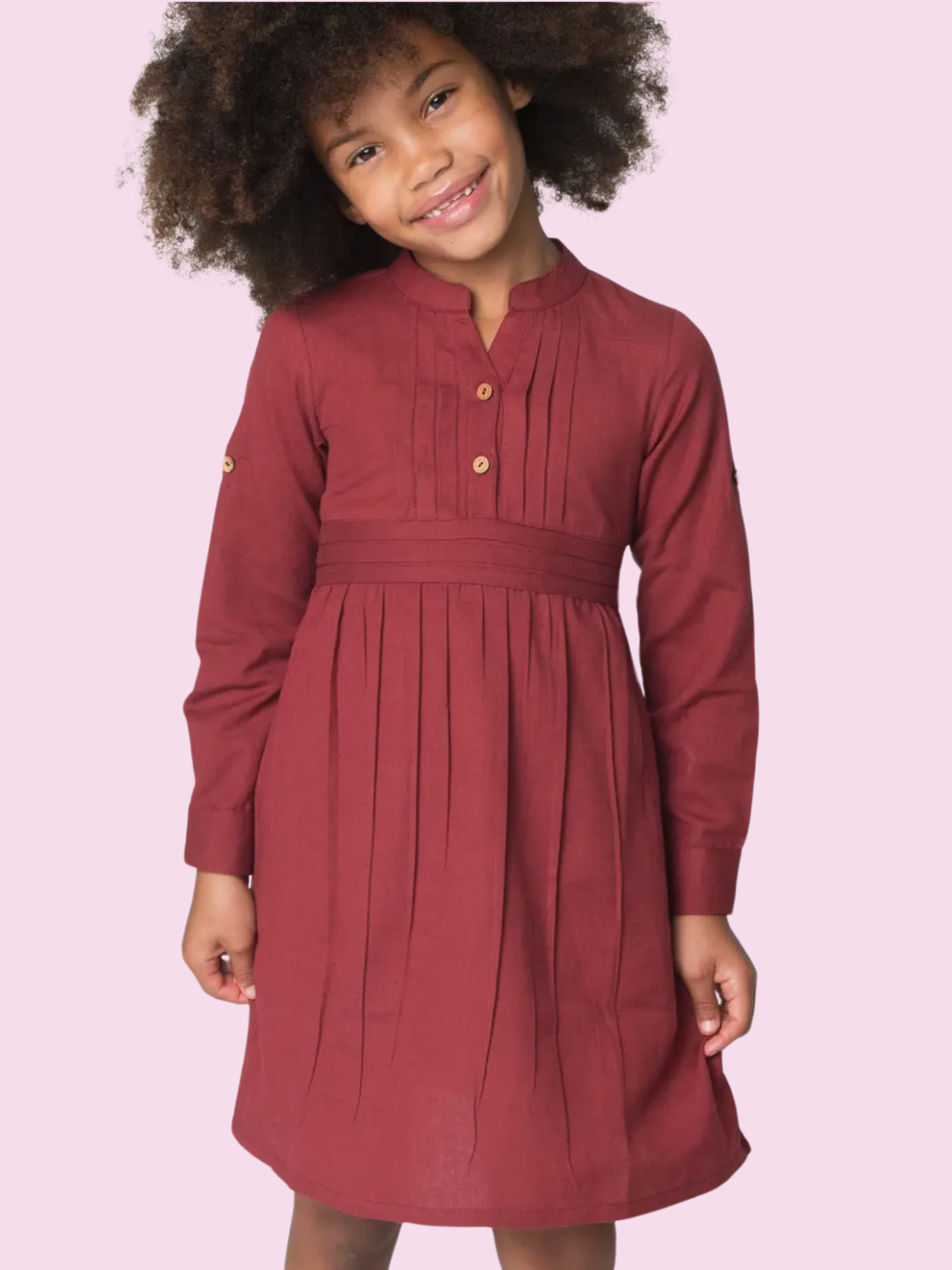 Maroon Pleated Notch Dress with Belt and Button Closure