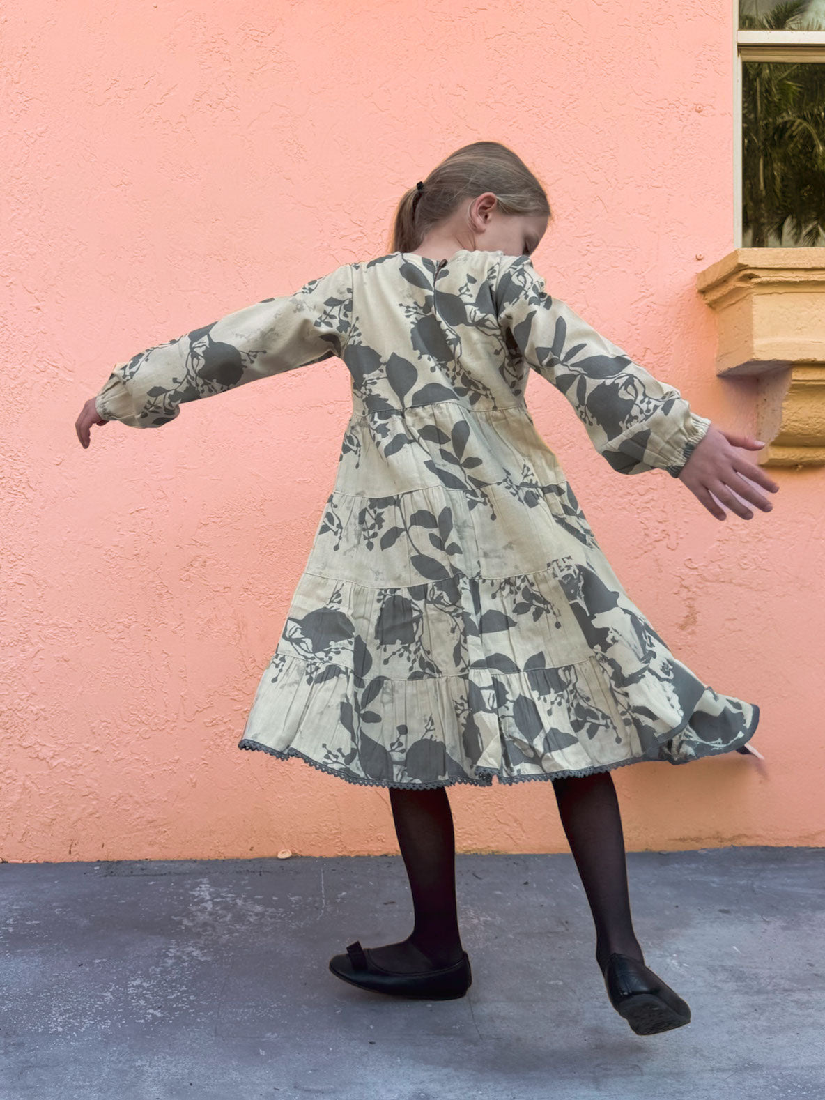 Grey Leaf Printed Tiered Long Sleeve Dress