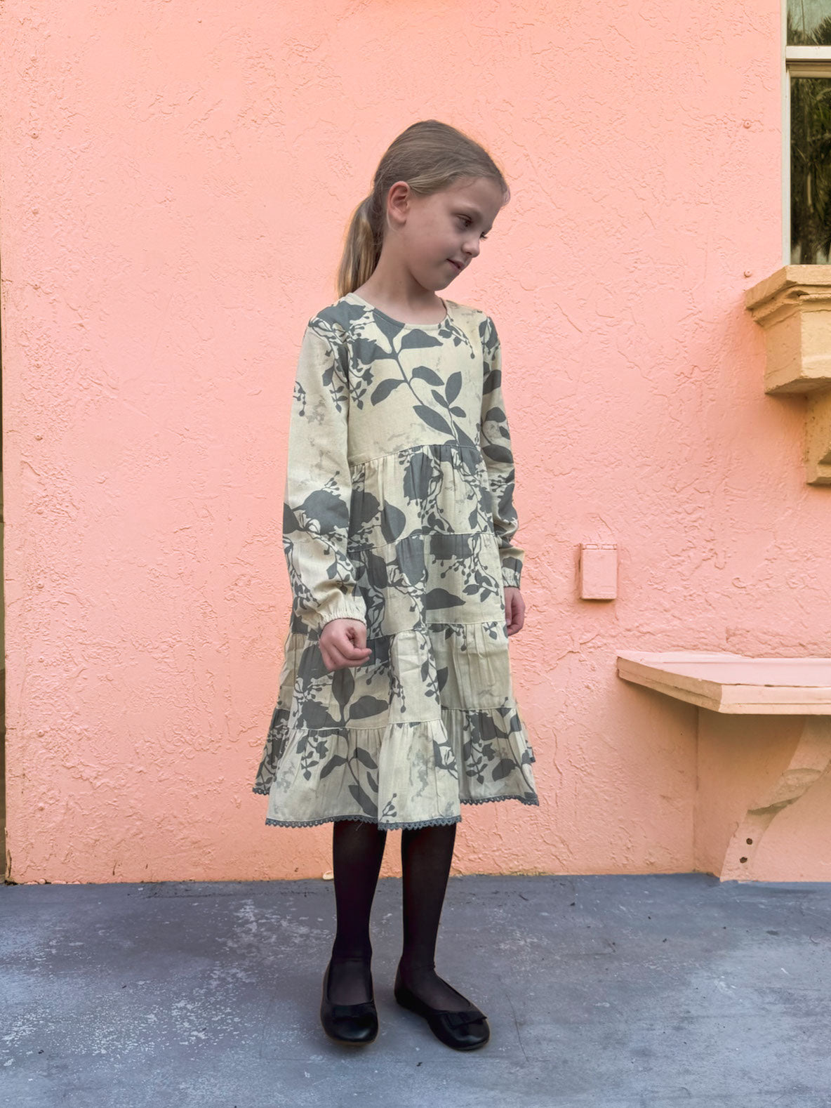 Grey Leaf Printed Tiered Long Sleeve Dress