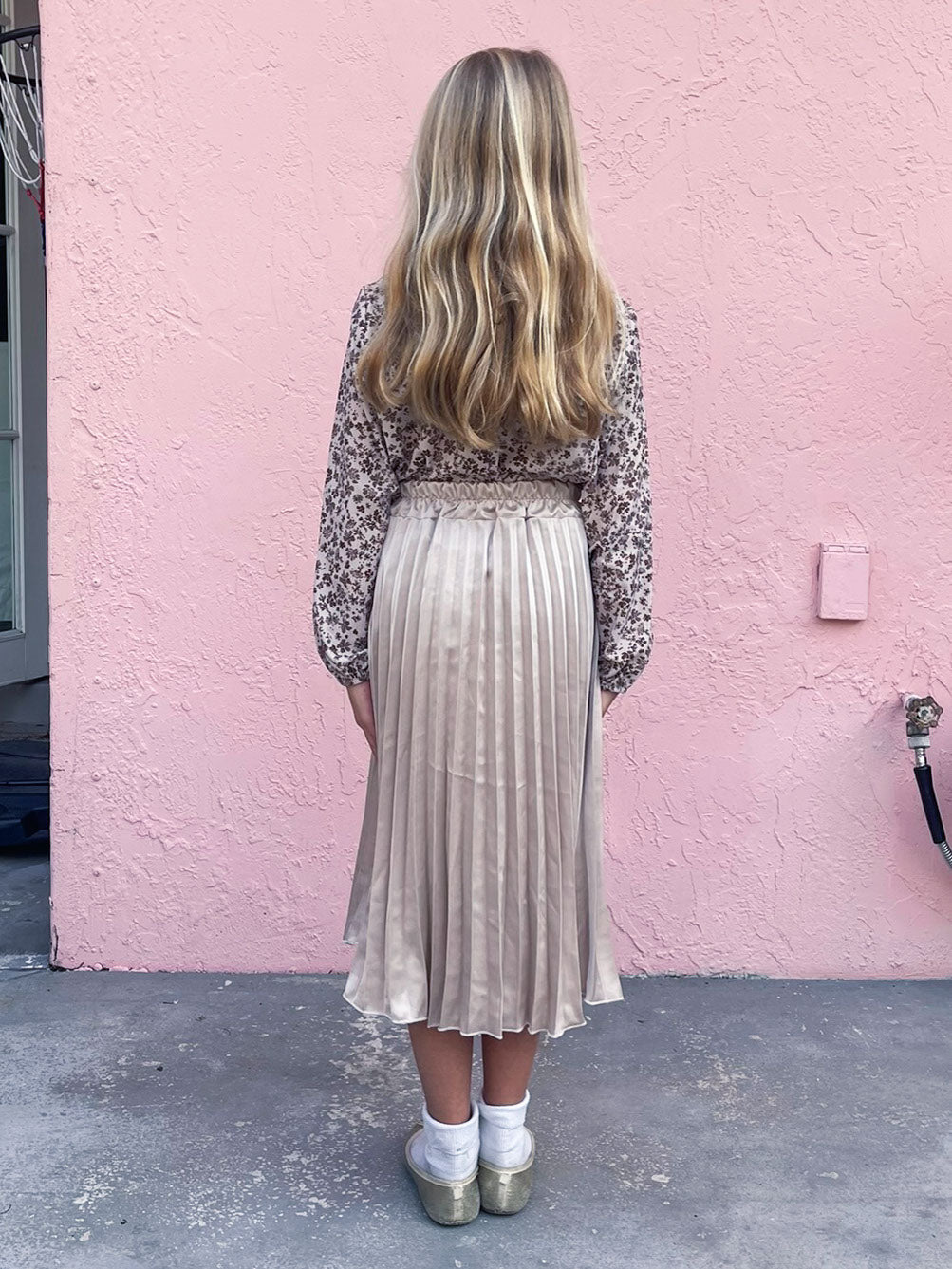 Floral Top and Pleated Satin Skirt Set