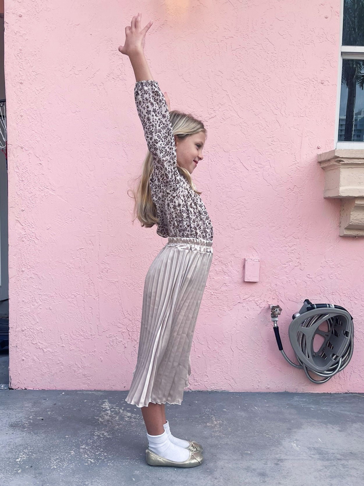 Floral Top and Pleated Satin Skirt Set