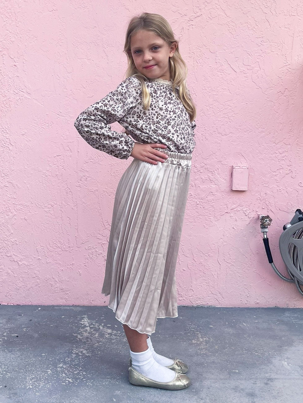 Floral Top and Pleated Satin Skirt Set