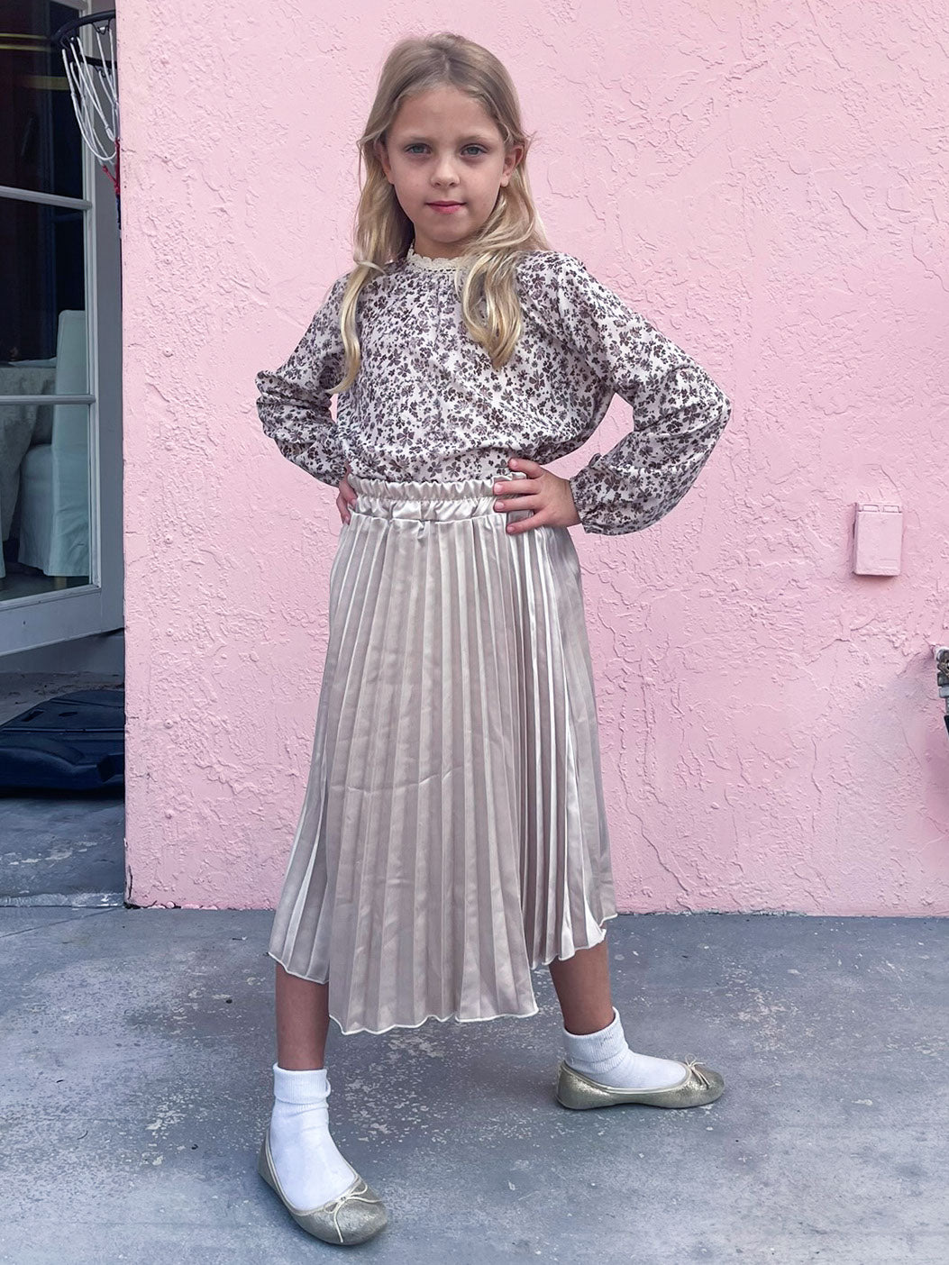 Floral Top and Pleated Satin Skirt Set