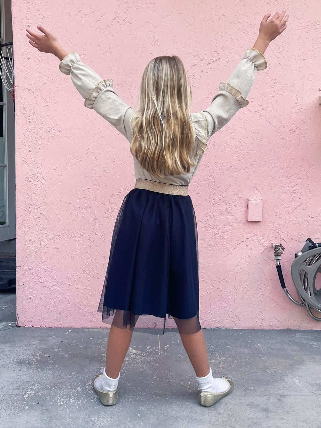 Navy Tulle Skirt and Beige Ruffle Top - Outfit Set