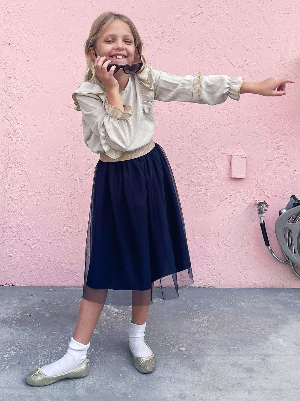 Navy Tulle Skirt and Beige Ruffle Top - Outfit Set