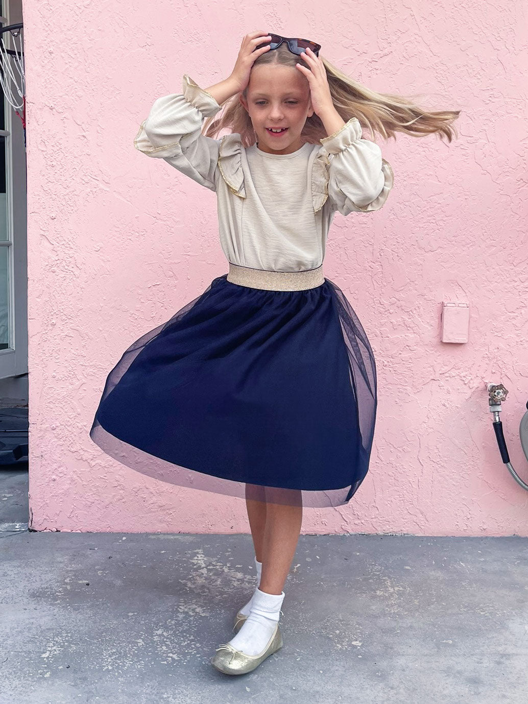 Navy Tulle Skirt and Beige Ruffle Top - Outfit Set
