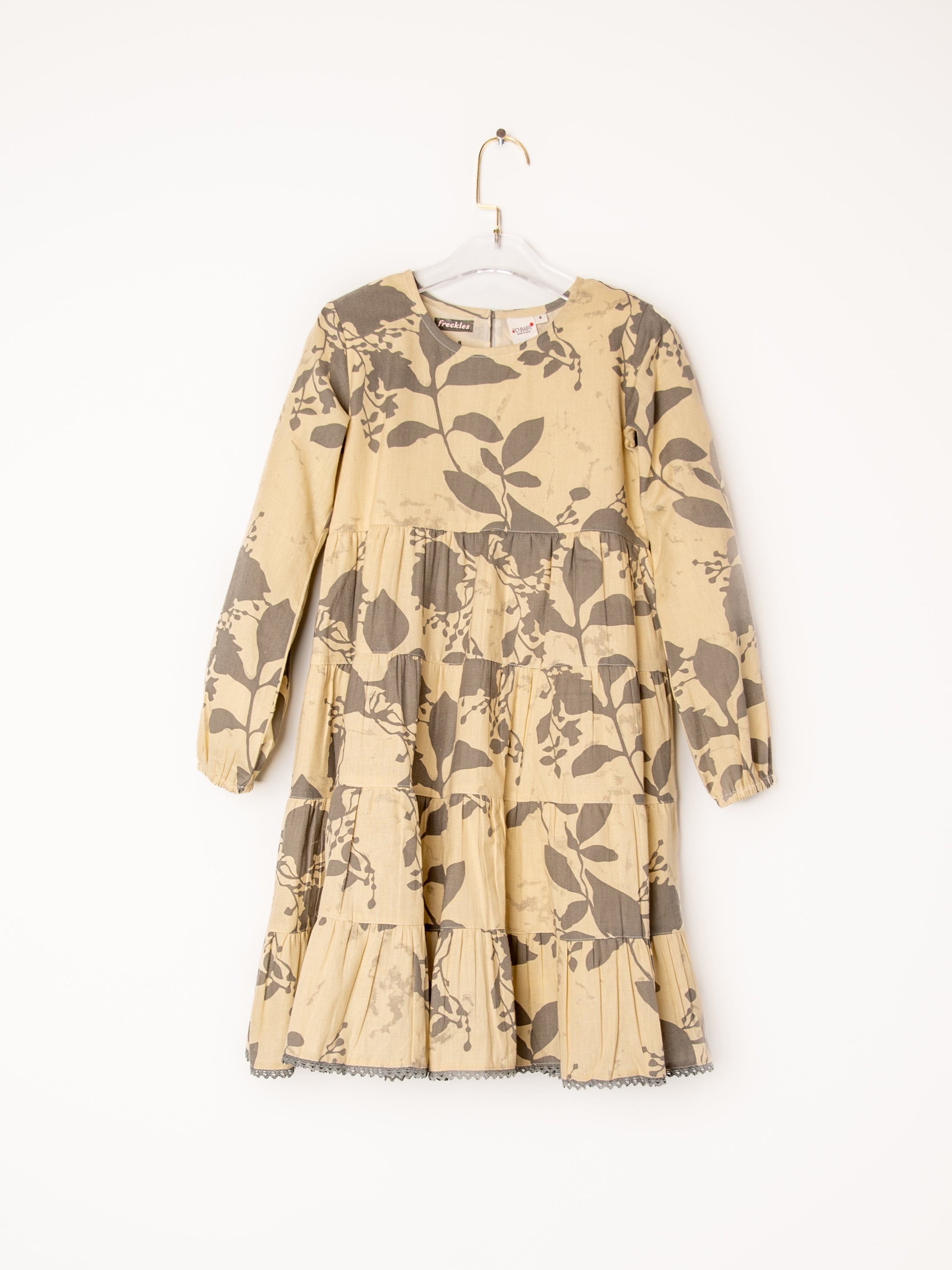 Grey Leaf Printed Tiered Long Sleeve Dress