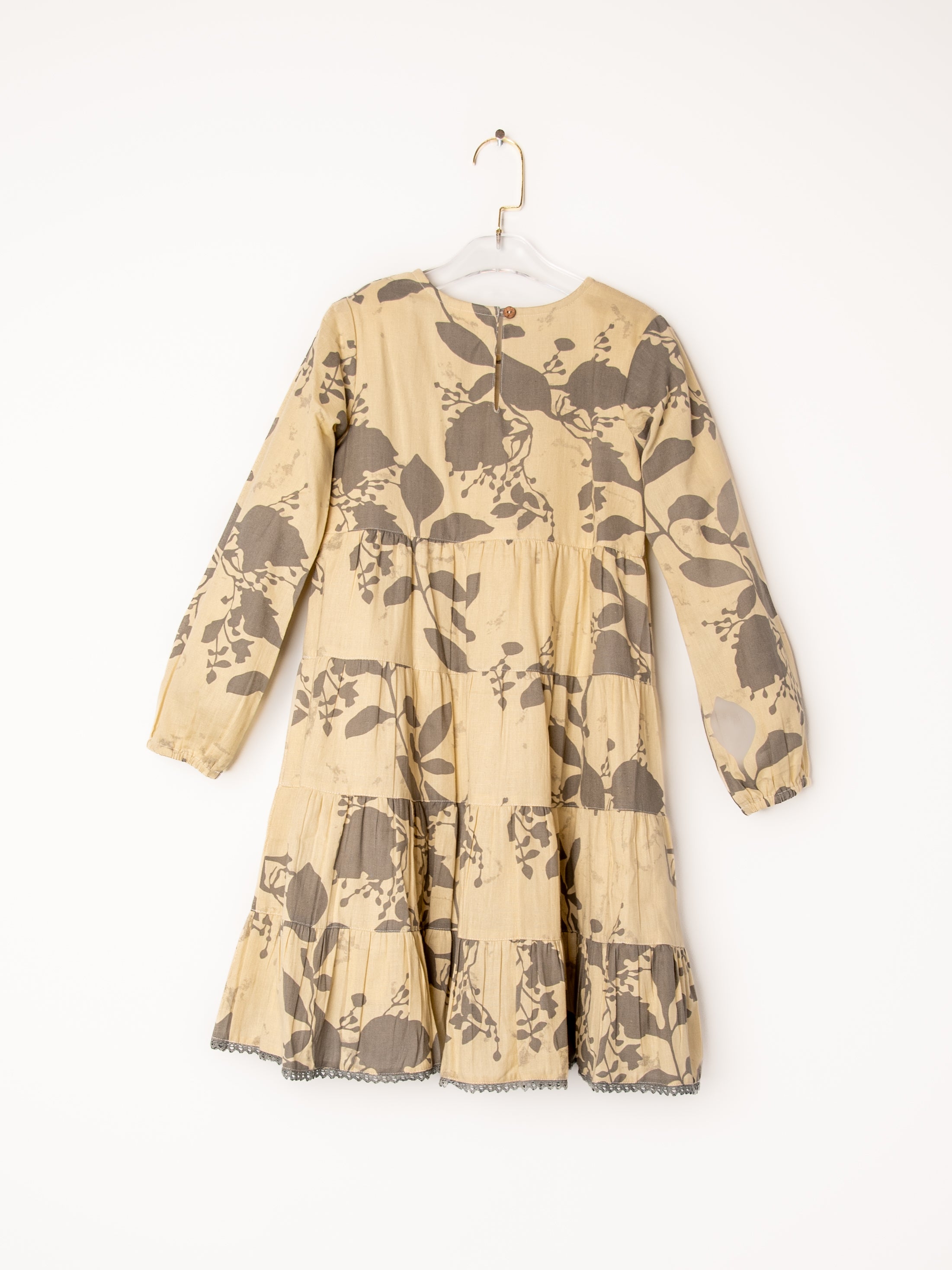 Grey Leaf Printed Tiered Long Sleeve Dress