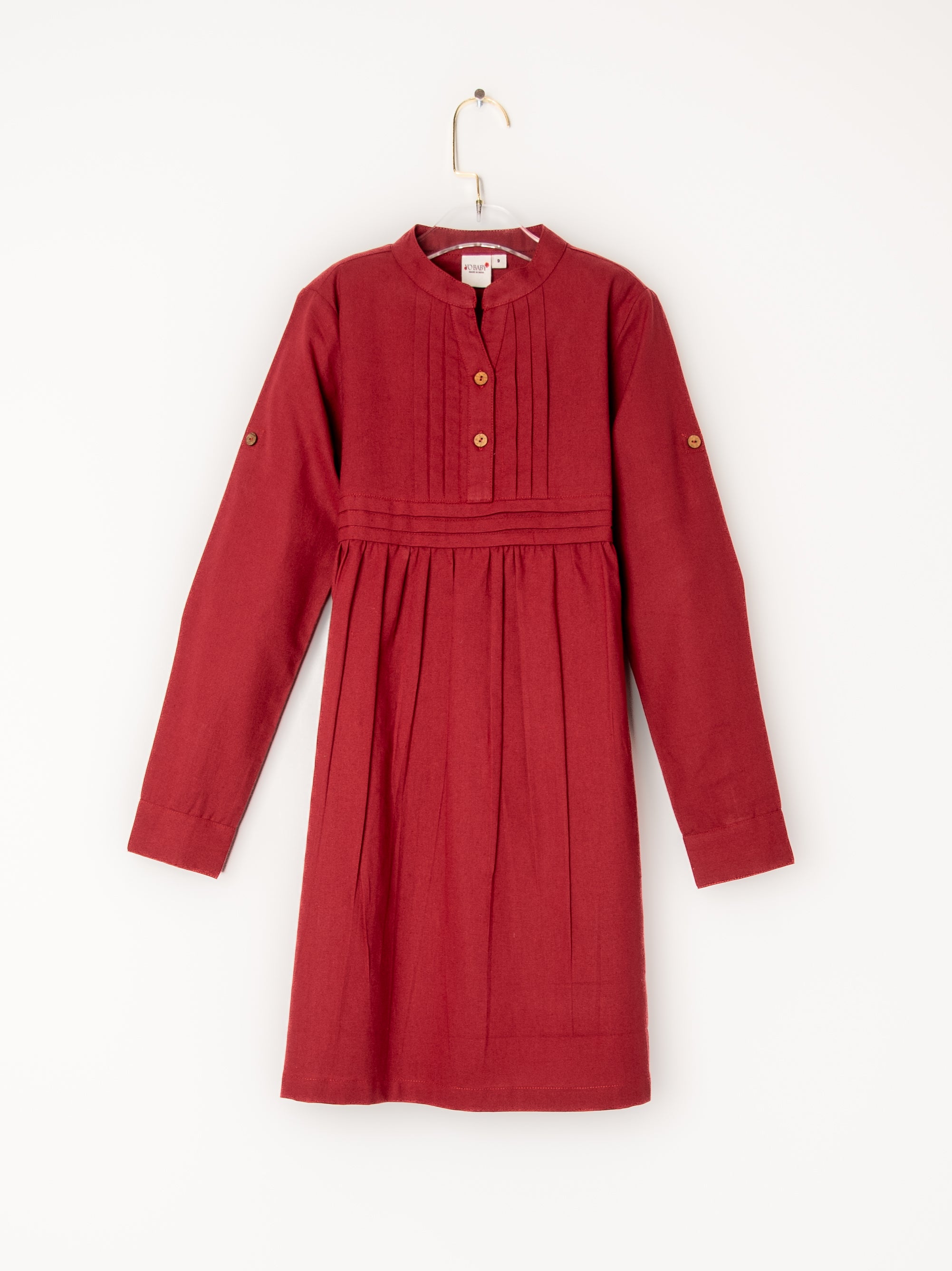 Maroon Pleated Notch Dress with Belt and Button Closure