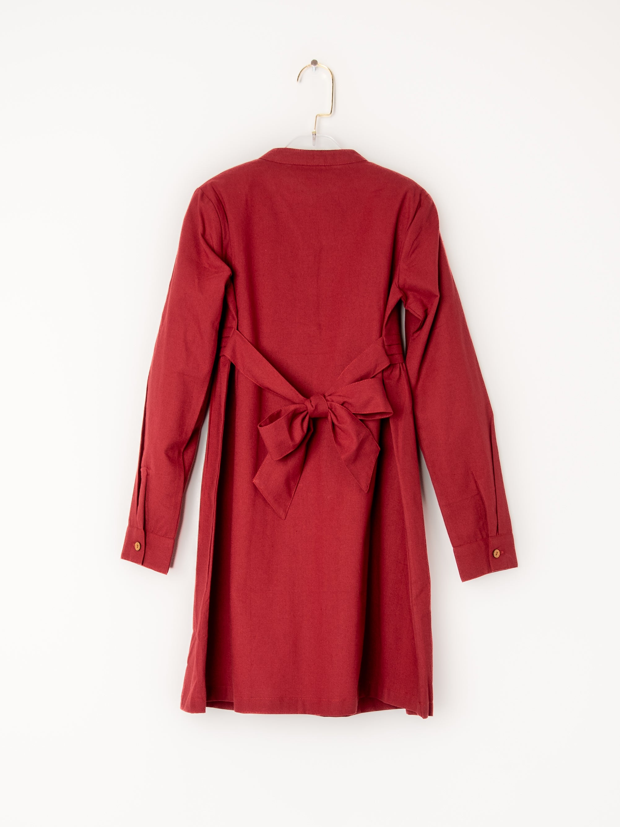 Maroon Pleated Notch Dress with Belt and Button Closure