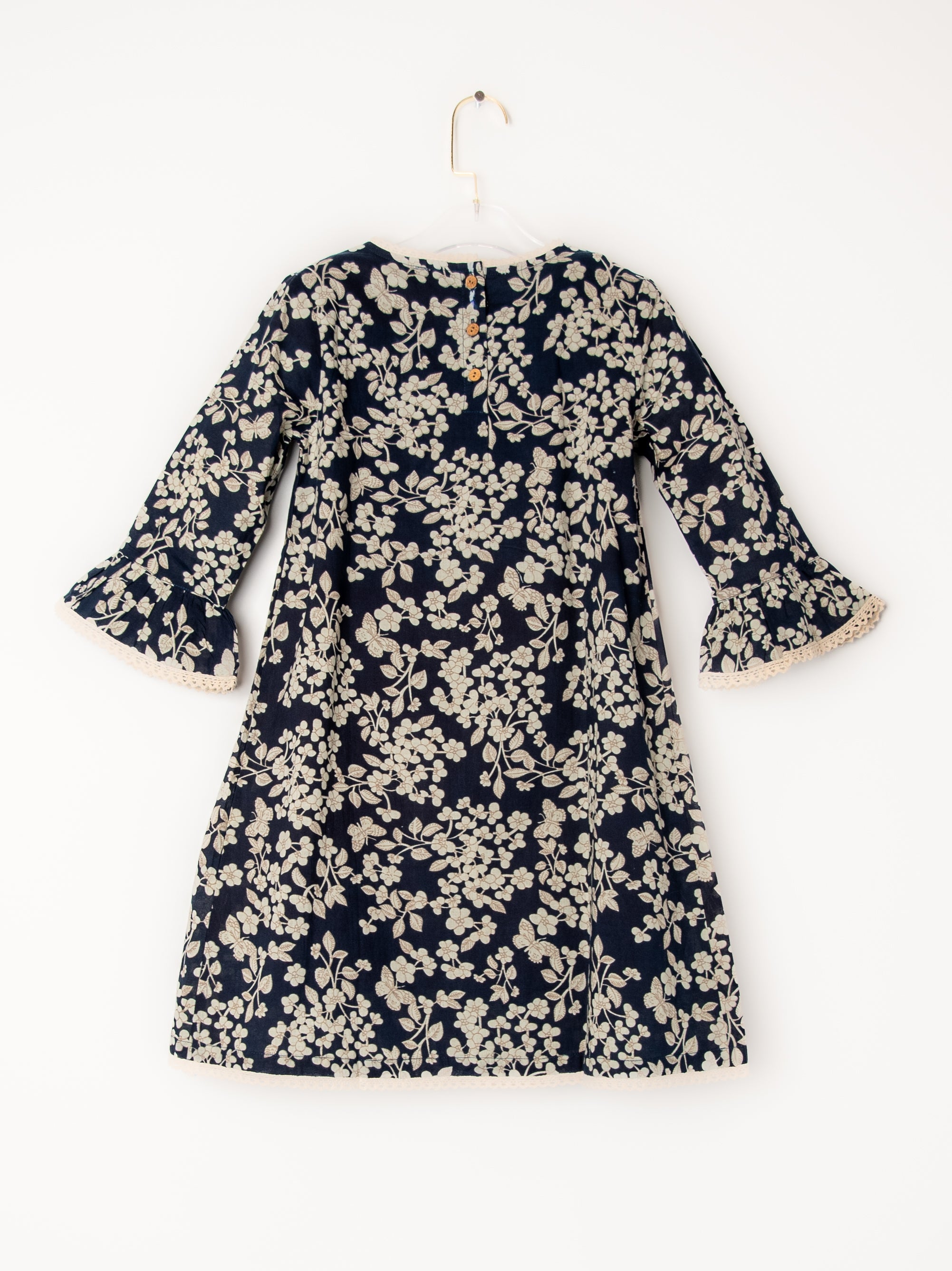 Navy Cherry Blossom Print Lace Detail Dress