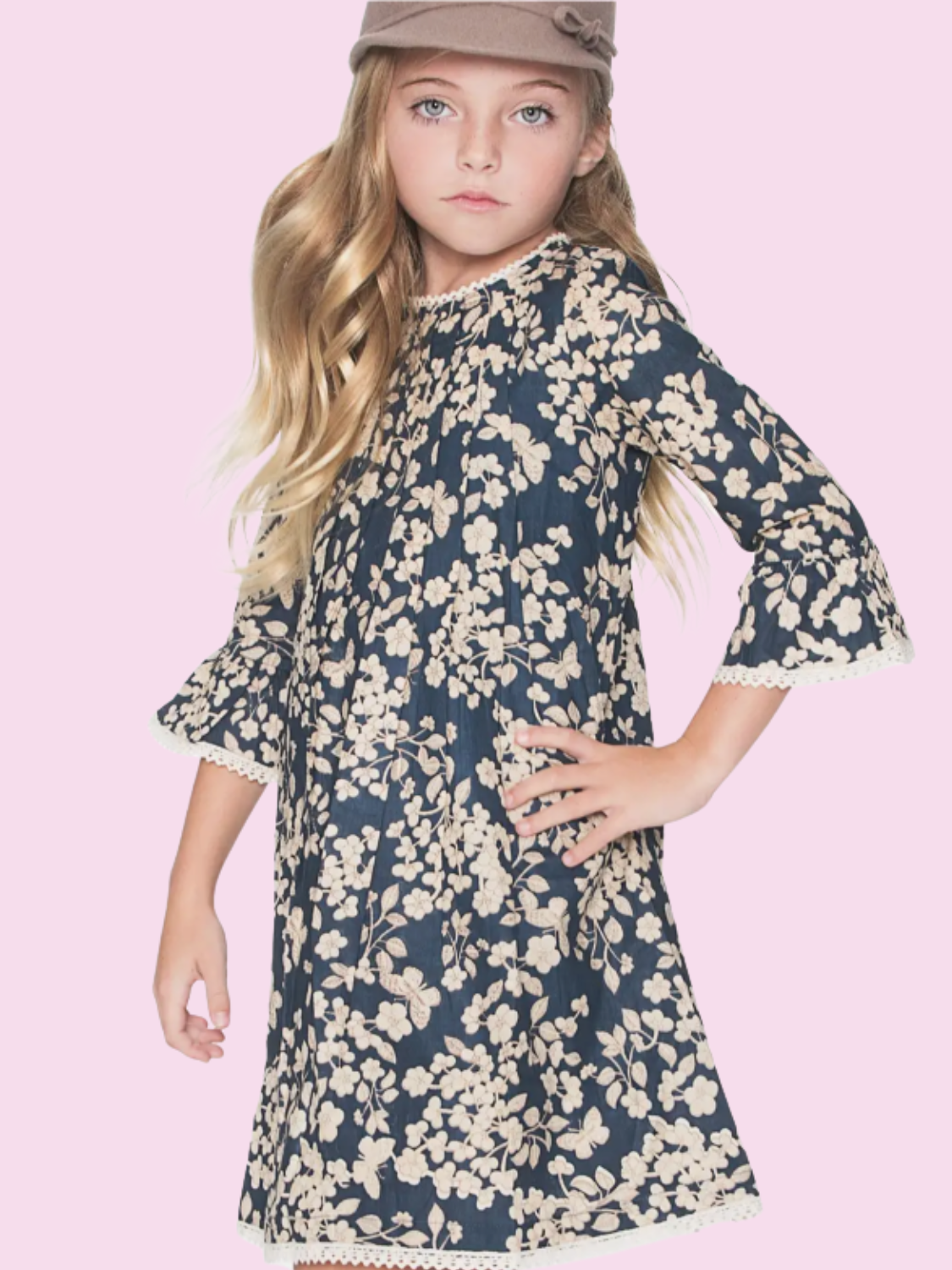 Navy Cherry Blossom Print Lace Detail Dress