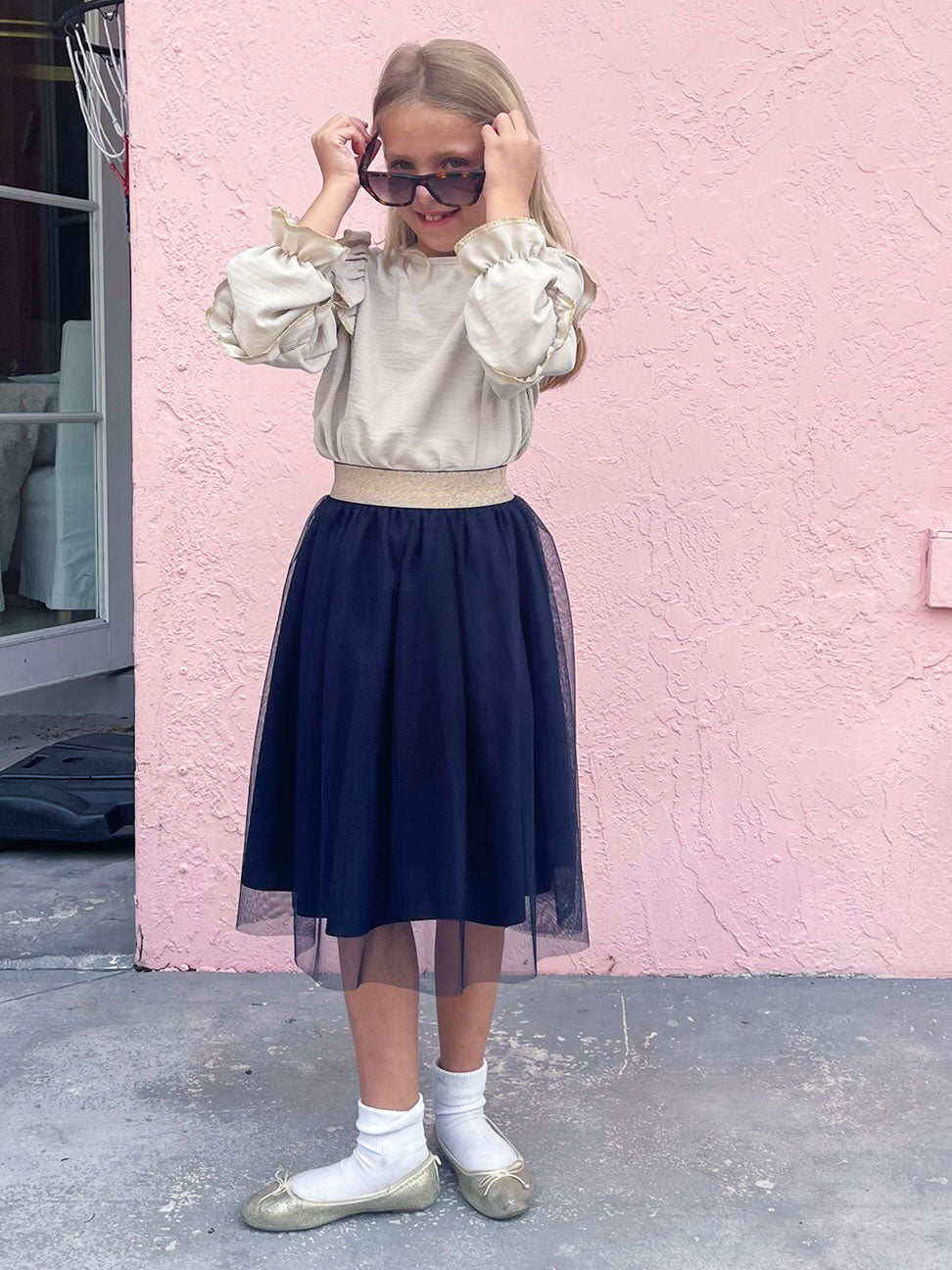 Navy Tulle Skirt and Beige Ruffle Top - Outfit Set